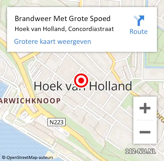 Locatie op kaart van de 112 melding: Brandweer Met Grote Spoed Naar Hoek van Holland, Concordiastraat op 11 december 2021 11:19