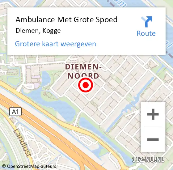 Locatie op kaart van de 112 melding: Ambulance Met Grote Spoed Naar Diemen, Kogge op 11 december 2021 14:49