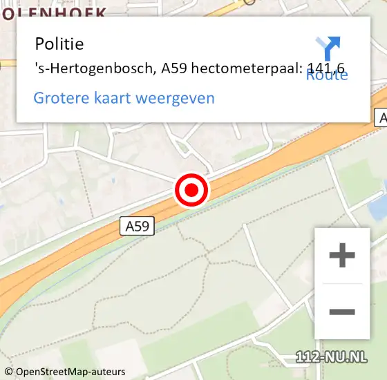 Locatie op kaart van de 112 melding: Politie 's-Hertogenbosch, A59 hectometerpaal: 141,6 op 11 december 2021 14:55