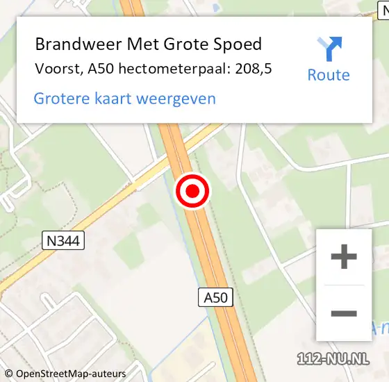 Locatie op kaart van de 112 melding: Brandweer Met Grote Spoed Naar Voorst, A50 hectometerpaal: 208,5 op 11 december 2021 15:00