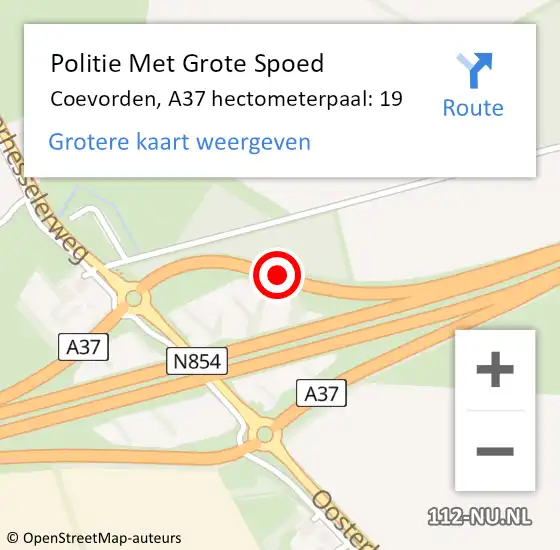 Locatie op kaart van de 112 melding: Politie Met Grote Spoed Naar Coevorden, A37 hectometerpaal: 19 op 11 december 2021 15:40