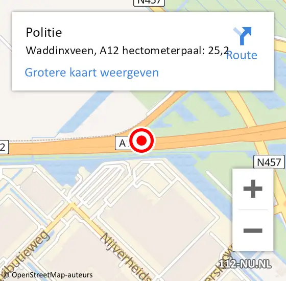 Locatie op kaart van de 112 melding: Politie Waddinxveen, A12 hectometerpaal: 25,2 op 11 december 2021 16:12