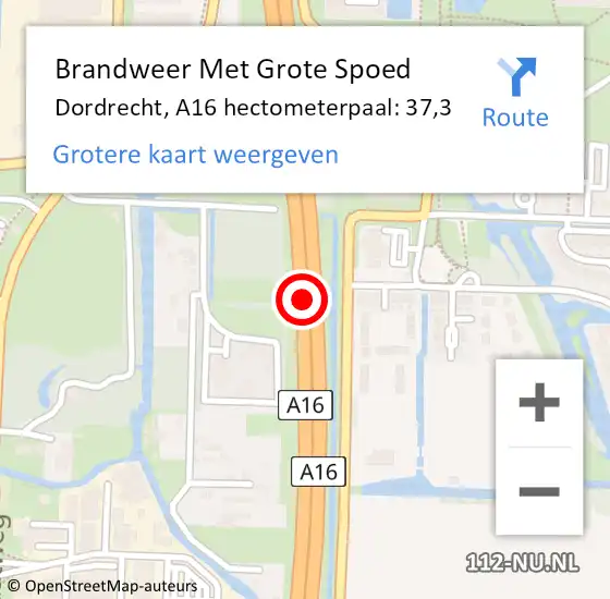 Locatie op kaart van de 112 melding: Brandweer Met Grote Spoed Naar Dordrecht, A16 hectometerpaal: 37,3 op 11 december 2021 18:29