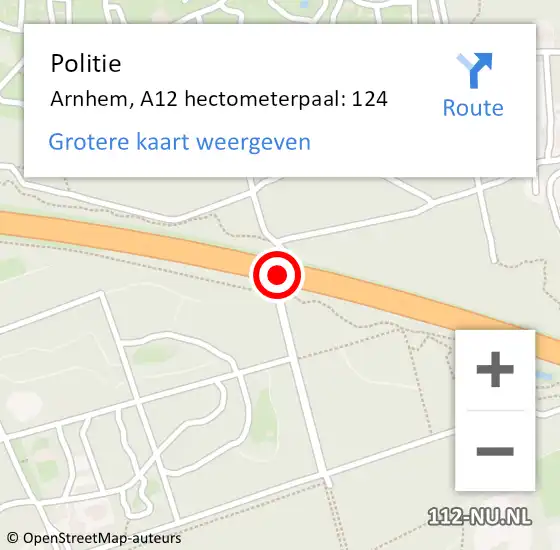 Locatie op kaart van de 112 melding: Politie Arnhem, A12 hectometerpaal: 124 op 11 december 2021 18:33