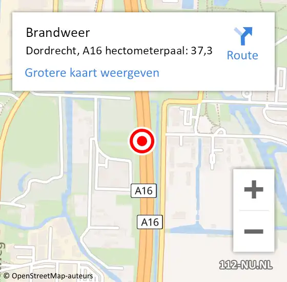 Locatie op kaart van de 112 melding: Brandweer Dordrecht, A16 hectometerpaal: 37,3 op 11 december 2021 18:44