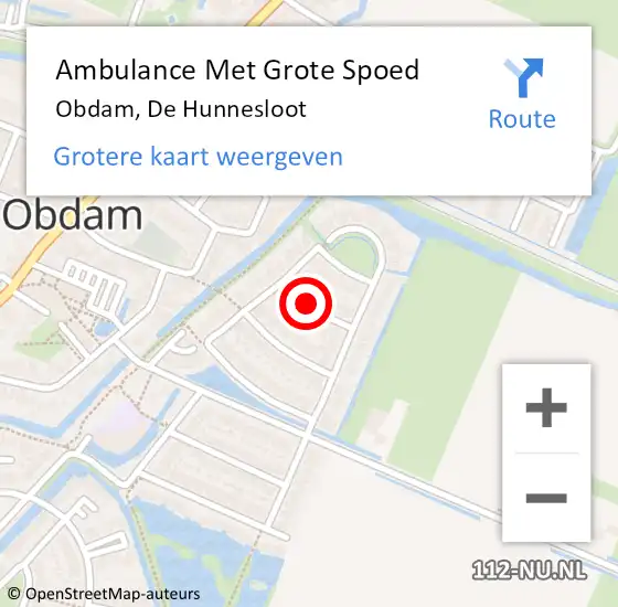 Locatie op kaart van de 112 melding: Ambulance Met Grote Spoed Naar Obdam, De Hunnesloot op 11 december 2021 19:37