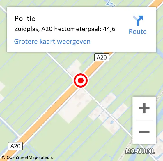 Locatie op kaart van de 112 melding: Politie Zuidplas, A20 hectometerpaal: 44,6 op 11 december 2021 20:48