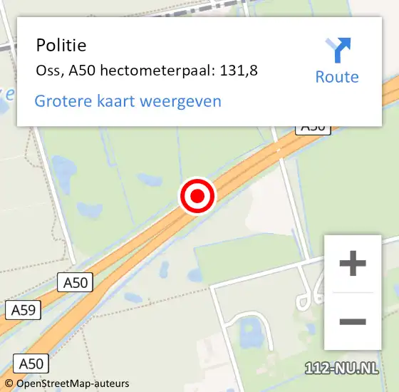 Locatie op kaart van de 112 melding: Politie Oss, A50 hectometerpaal: 131,8 op 11 december 2021 21:27