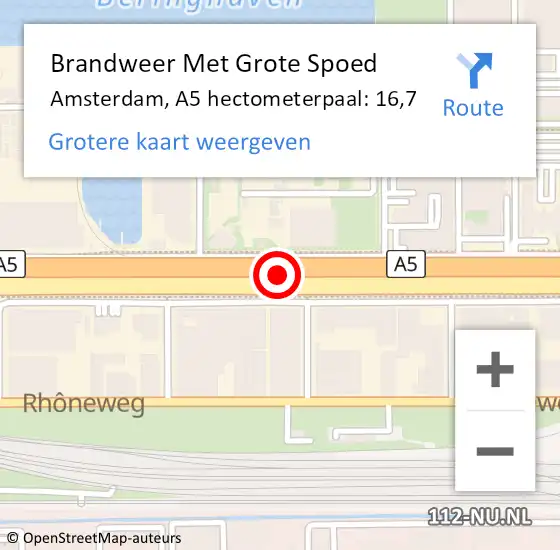 Locatie op kaart van de 112 melding: Brandweer Met Grote Spoed Naar Amsterdam, A5 hectometerpaal: 16,7 op 11 december 2021 23:44