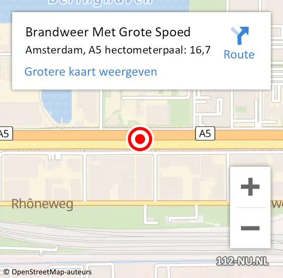 Locatie op kaart van de 112 melding: Brandweer Met Grote Spoed Naar Amsterdam, A5 hectometerpaal: 16,7 op 11 december 2021 23:51
