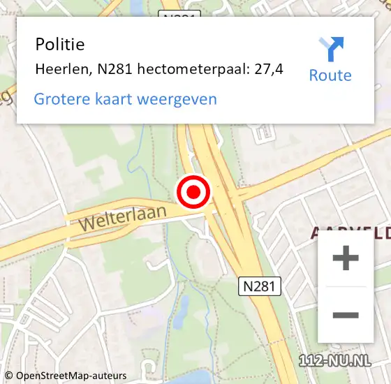 Locatie op kaart van de 112 melding: Politie Heerlen, N281 hectometerpaal: 27,4 op 11 december 2021 23:58