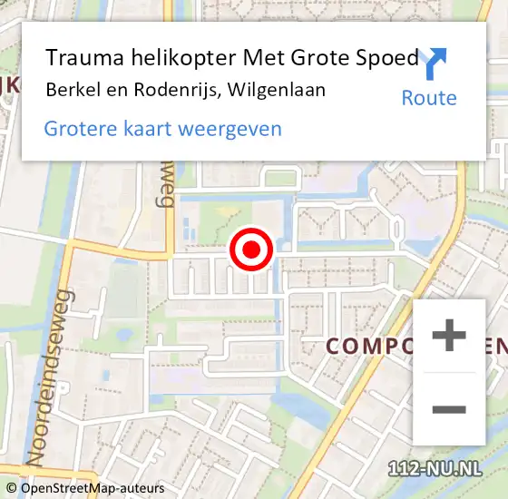 Locatie op kaart van de 112 melding: Trauma helikopter Met Grote Spoed Naar Berkel en Rodenrijs, Wilgenlaan op 12 december 2021 01:58