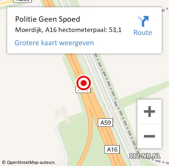 Locatie op kaart van de 112 melding: Politie Geen Spoed Naar Moerdijk, A16 hectometerpaal: 53,1 op 12 december 2021 04:33