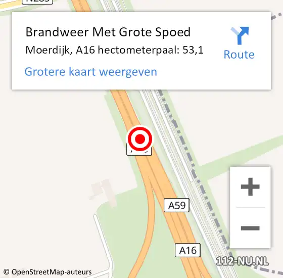 Locatie op kaart van de 112 melding: Brandweer Met Grote Spoed Naar Moerdijk, A16 hectometerpaal: 53,1 op 12 december 2021 04:33