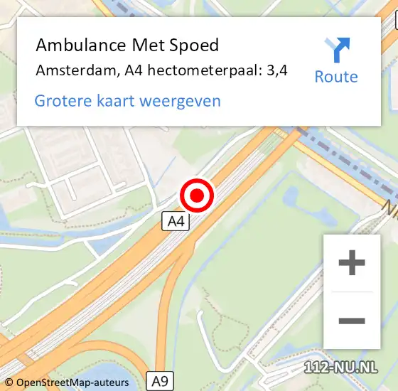 Locatie op kaart van de 112 melding: Ambulance Met Spoed Naar Amsterdam, A4 hectometerpaal: 3,4 op 12 december 2021 09:49