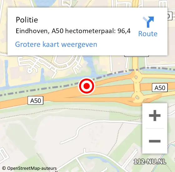 Locatie op kaart van de 112 melding: Politie Eindhoven, A50 hectometerpaal: 96,4 op 12 december 2021 09:52
