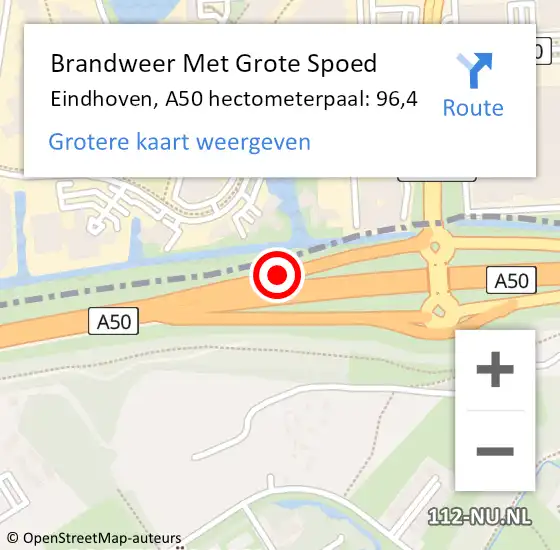 Locatie op kaart van de 112 melding: Brandweer Met Grote Spoed Naar Eindhoven, A50 hectometerpaal: 96,4 op 12 december 2021 09:54