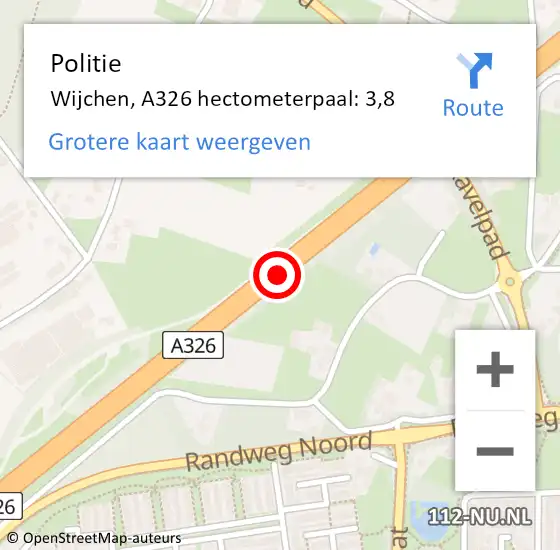 Locatie op kaart van de 112 melding: Politie Wijchen, A326 hectometerpaal: 3,8 op 12 december 2021 10:16