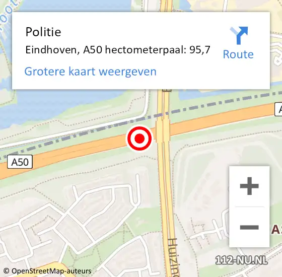 Locatie op kaart van de 112 melding: Politie Eindhoven, A50 hectometerpaal: 95,7 op 12 december 2021 14:19