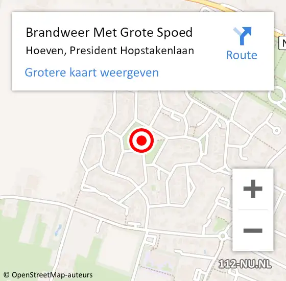 Locatie op kaart van de 112 melding: Brandweer Met Grote Spoed Naar Hoeven, President Hopstakenlaan op 12 december 2021 15:17