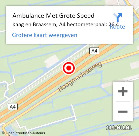 Locatie op kaart van de 112 melding: Ambulance Met Grote Spoed Naar Kaag en Braassem, A4 hectometerpaal: 26,4 op 12 december 2021 16:04