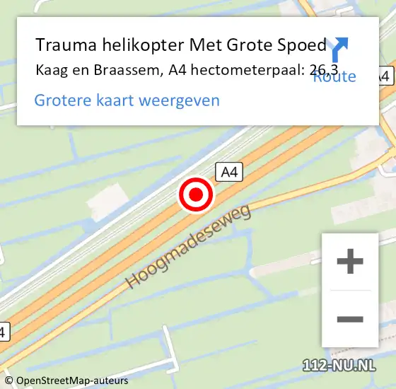 Locatie op kaart van de 112 melding: Trauma helikopter Met Grote Spoed Naar Kaag en Braassem, A4 hectometerpaal: 26,3 op 12 december 2021 16:06