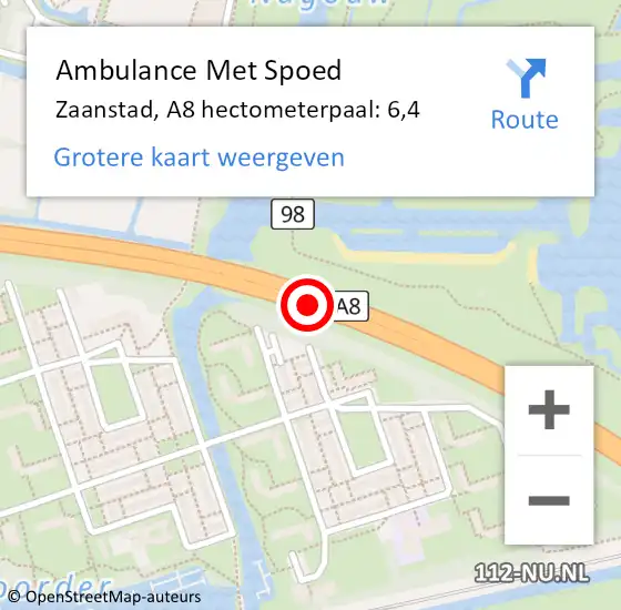 Locatie op kaart van de 112 melding: Ambulance Met Spoed Naar Zaanstad, A8 hectometerpaal: 6,4 op 12 december 2021 16:34