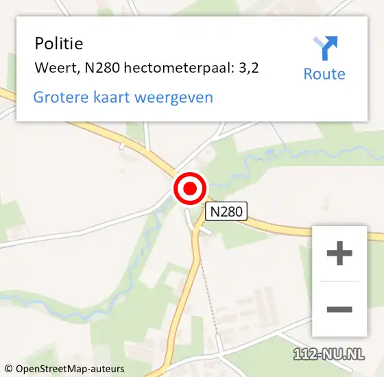 Locatie op kaart van de 112 melding: Politie Weert, N280 hectometerpaal: 3,2 op 12 december 2021 16:55