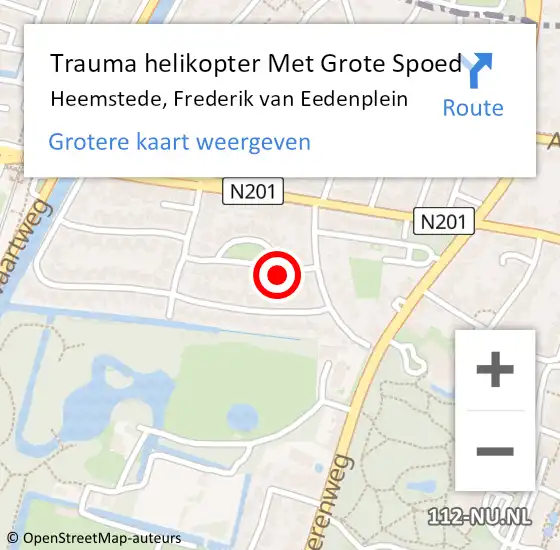 Locatie op kaart van de 112 melding: Trauma helikopter Met Grote Spoed Naar Heemstede, Frederik van Eedenplein op 12 december 2021 21:00