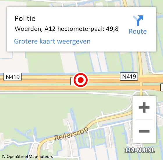 Locatie op kaart van de 112 melding: Politie Woerden, A12 hectometerpaal: 49,8 op 12 december 2021 21:21