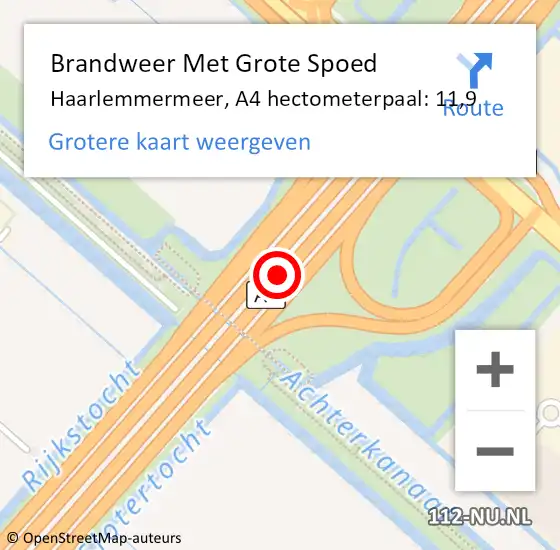 Locatie op kaart van de 112 melding: Brandweer Met Grote Spoed Naar Haarlemmermeer, A4 hectometerpaal: 11,9 op 12 december 2021 22:31