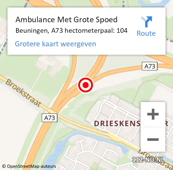 Locatie op kaart van de 112 melding: Ambulance Met Grote Spoed Naar Beuningen, A73 hectometerpaal: 104 op 13 december 2021 01:14