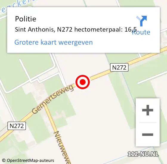 Locatie op kaart van de 112 melding: Politie Sint Anthonis, N272 hectometerpaal: 16,5 op 13 december 2021 06:51
