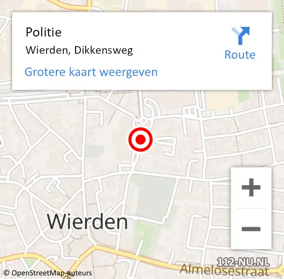 Locatie op kaart van de 112 melding: Politie Wierden, Dikkensweg op 13 december 2021 07:03