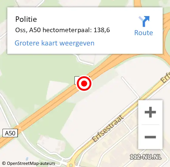 Locatie op kaart van de 112 melding: Politie Oss, A50 hectometerpaal: 138,6 op 13 december 2021 07:56