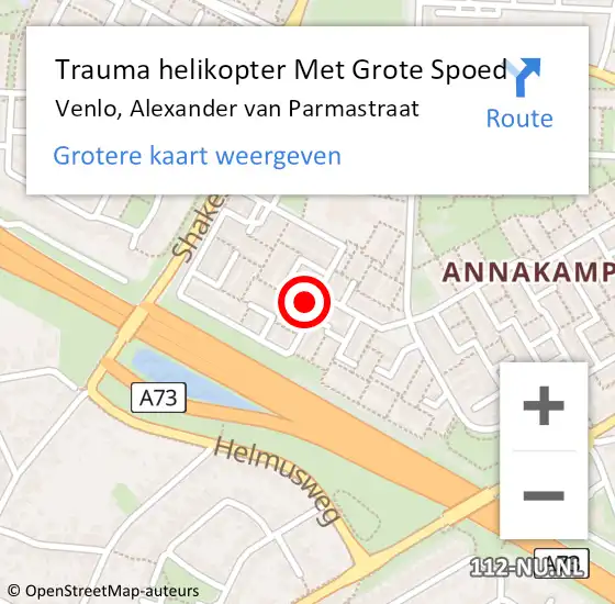 Locatie op kaart van de 112 melding: Trauma helikopter Met Grote Spoed Naar Venlo, Alexander van Parmastraat op 13 december 2021 10:39