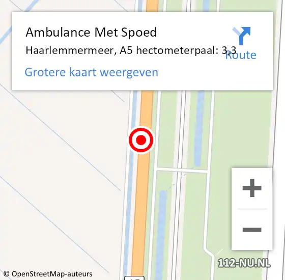 Locatie op kaart van de 112 melding: Ambulance Met Spoed Naar Haarlemmermeer, A5 hectometerpaal: 3,3 op 13 december 2021 10:56
