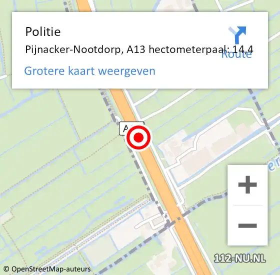 Locatie op kaart van de 112 melding: Politie Rotterdam, A13 hectometerpaal: 14,4 op 13 december 2021 11:11