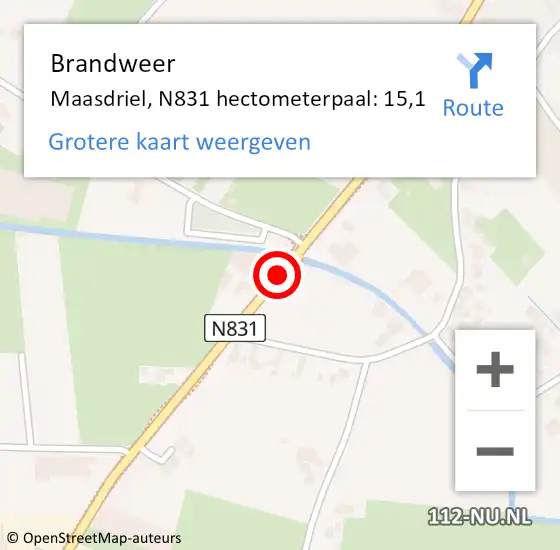 Locatie op kaart van de 112 melding: Brandweer Maasdriel, N831 hectometerpaal: 15,1 op 13 december 2021 13:29