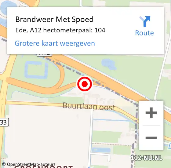 Locatie op kaart van de 112 melding: Brandweer Met Spoed Naar Ede, A12 hectometerpaal: 104 op 13 december 2021 13:54