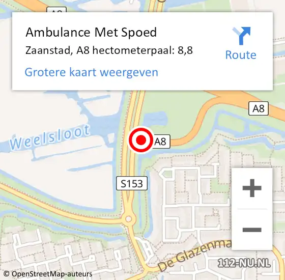 Locatie op kaart van de 112 melding: Ambulance Met Spoed Naar Zaanstad, A8 hectometerpaal: 8,8 op 13 december 2021 13:55