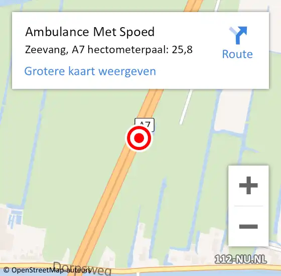 Locatie op kaart van de 112 melding: Ambulance Met Spoed Naar Zeevang, A7 hectometerpaal: 25,8 op 13 december 2021 15:50