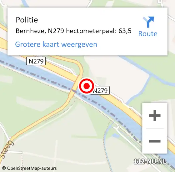 Locatie op kaart van de 112 melding: Politie Bernheze, N279 hectometerpaal: 63,5 op 13 december 2021 17:12