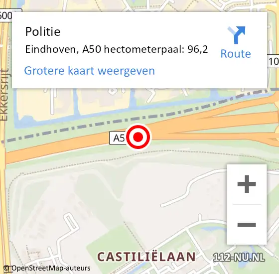 Locatie op kaart van de 112 melding: Politie Eindhoven, A50 hectometerpaal: 96,2 op 13 december 2021 17:37