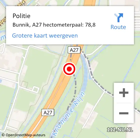 Locatie op kaart van de 112 melding: Politie Bunnik, A27 hectometerpaal: 78,8 op 13 december 2021 17:48