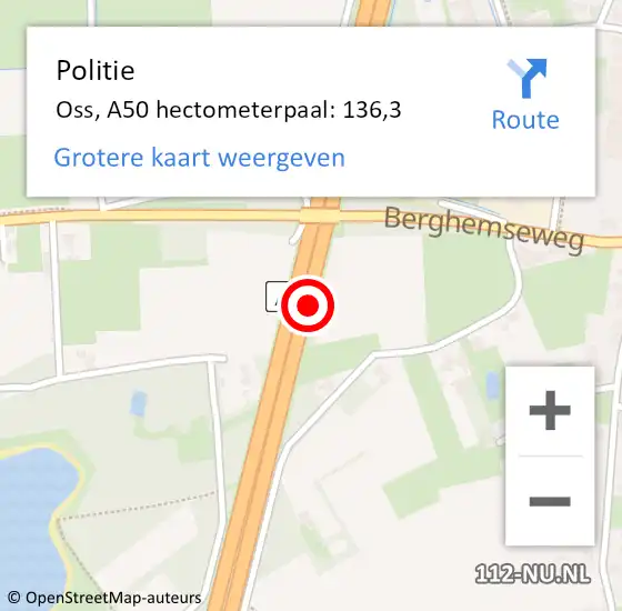 Locatie op kaart van de 112 melding: Politie Oss, A50 hectometerpaal: 136,3 op 13 december 2021 17:59