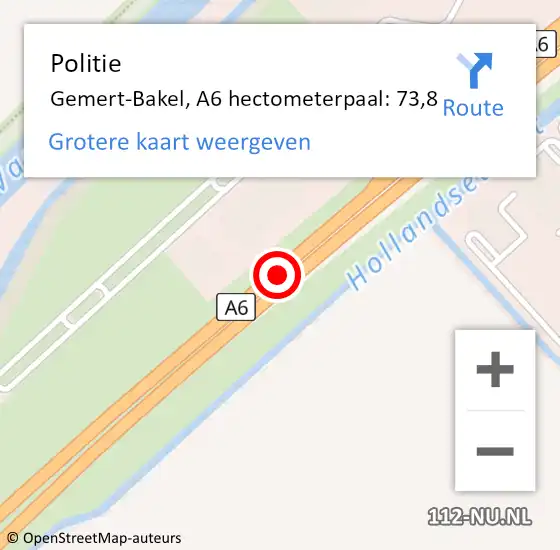 Locatie op kaart van de 112 melding: Politie Gemert-Bakel, A6 hectometerpaal: 73,8 op 13 december 2021 18:33