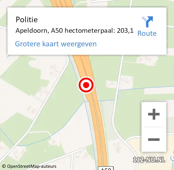 Locatie op kaart van de 112 melding: Politie Apeldoorn, A50 hectometerpaal: 203,1 op 14 december 2021 05:44