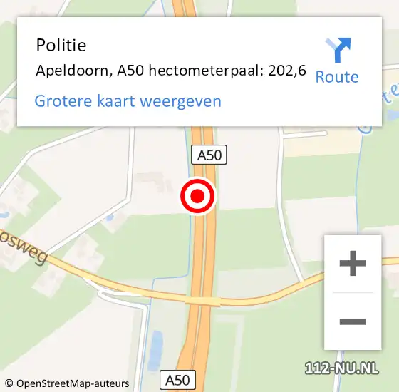 Locatie op kaart van de 112 melding: Politie Apeldoorn, A50 hectometerpaal: 202,6 op 14 december 2021 05:45