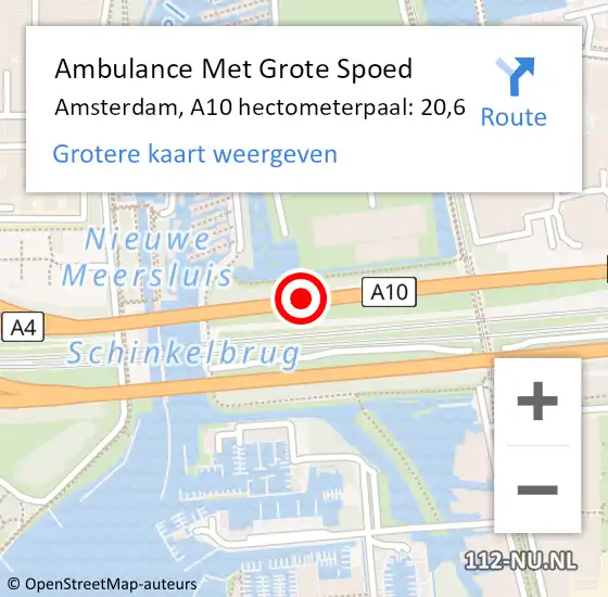 Locatie op kaart van de 112 melding: Ambulance Met Grote Spoed Naar Amsterdam, A10 hectometerpaal: 20,6 op 14 december 2021 08:36